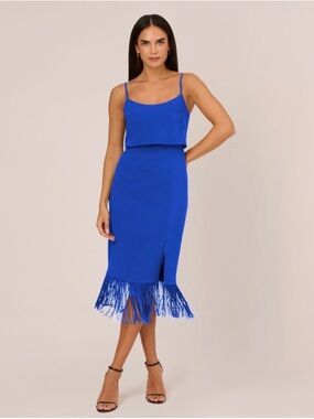 Aidan by Adrianna Papell Blue Midi Dress with Fringe Hem